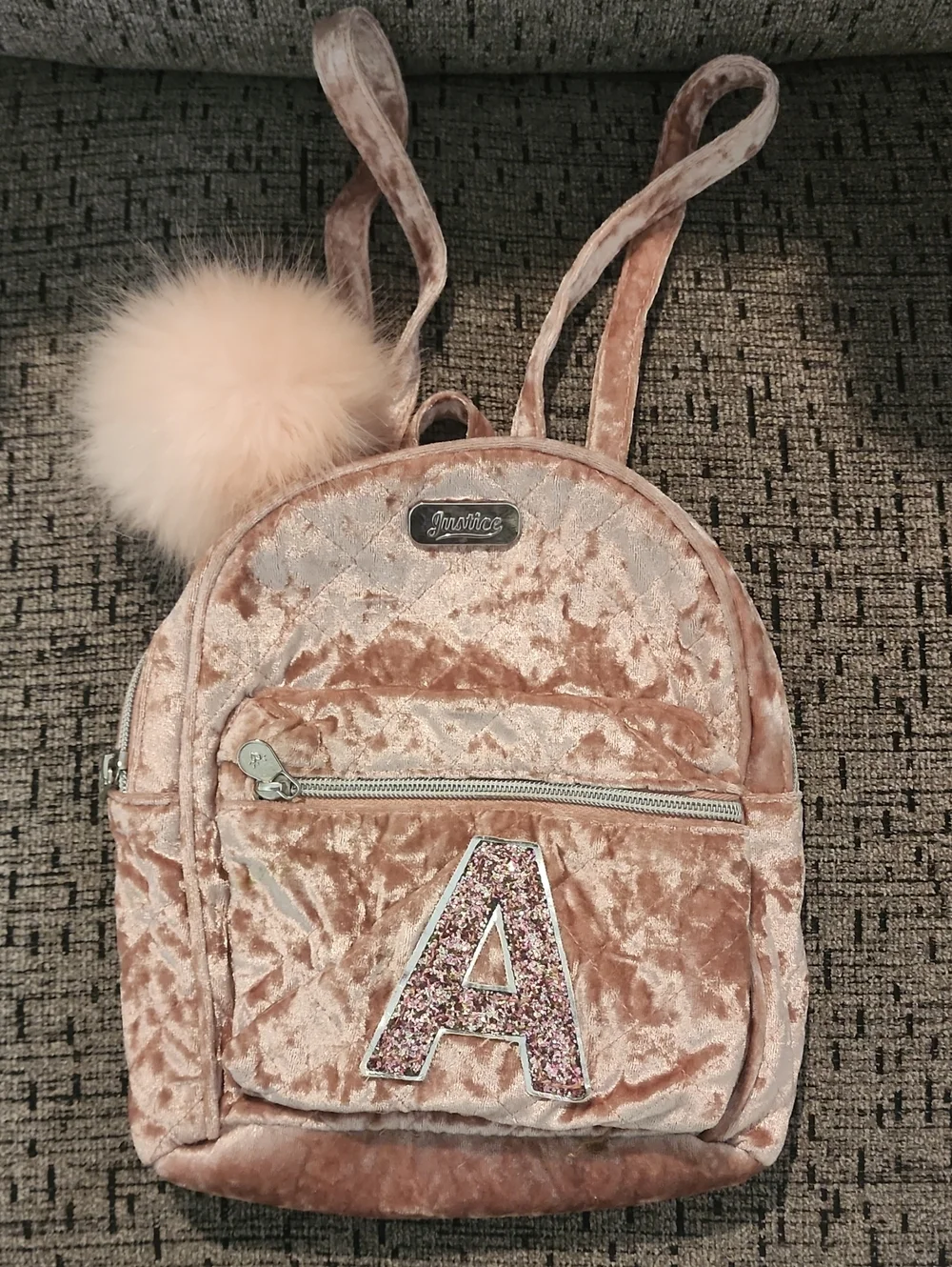Justice Pink Velvet Mini Backpack with Pom-Pom and Glitter 'A'